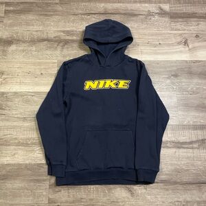 Nike Men's Dark Blue Hoodie with Yellow Logo